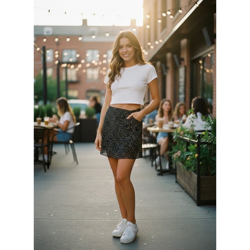 Brandy Melville Black Floral Mini Skirt Lace Trim MH470-Z356 Small